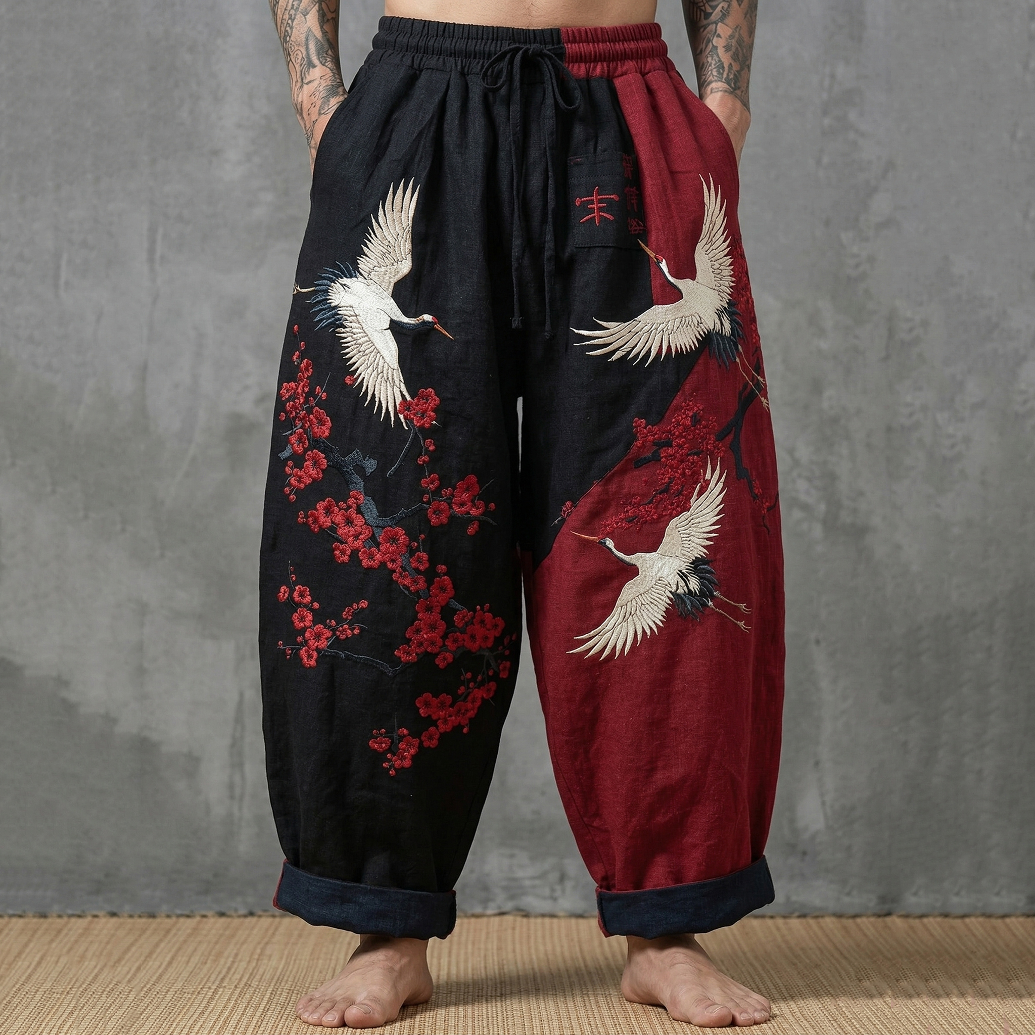 Men's Vintage Japanese Plum & Crane Print Linen Casual Pants elevenforest