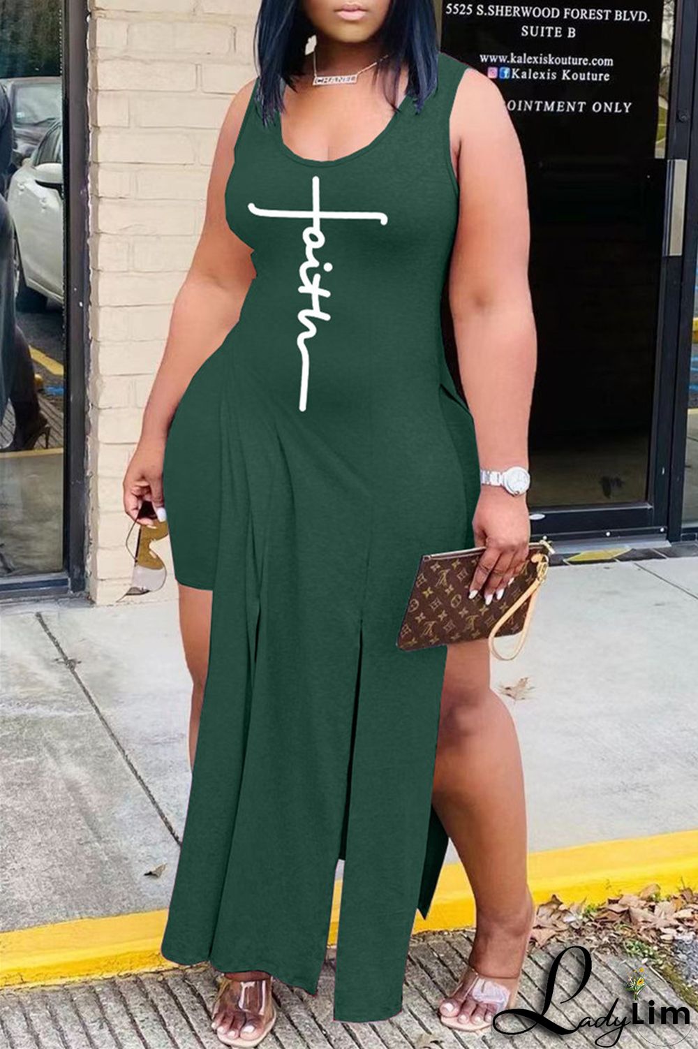 Grey Fashion Sexy Print Slit Vests U Neck Sleeveless Two Pieces