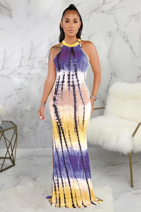 purple Polyester Fashion Sexy Tank Sleeveless O neck Asymmetrical Floor-Length Print Patchwork Club Dresse