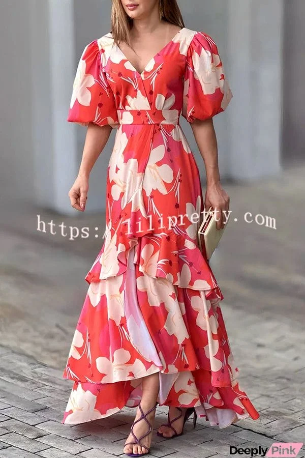 Fashionable Elegant V Neck Printed Layered Dress