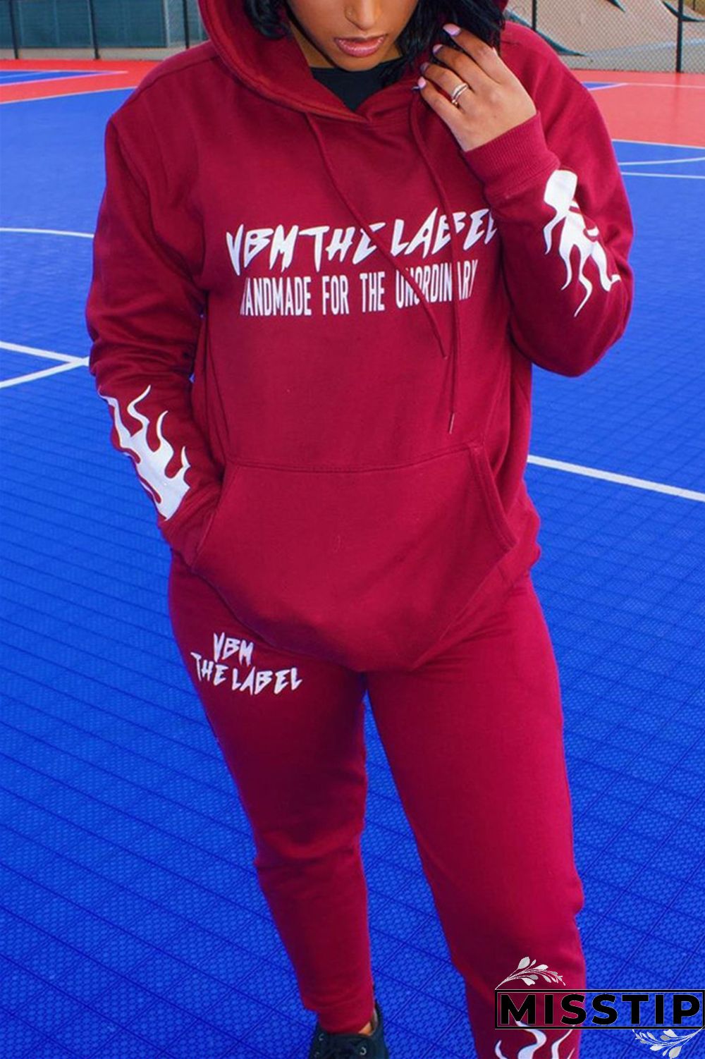 Grey Fashion Street Blends Letter Patchwork Print Patchwork Draw String Pocket Pullovers Pants Hooded Collar Long Sleeve Regular Sleeve Regular Two Pieces