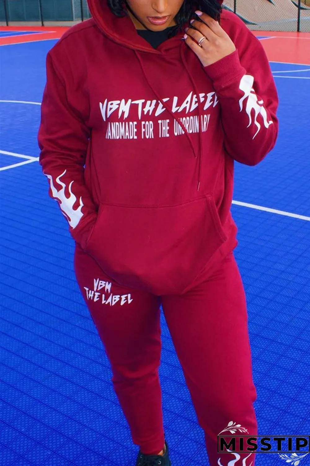 Grey Fashion Street Blends Letter Patchwork Print Patchwork Draw String Pocket Pullovers Pants Hooded Collar Long Sleeve Regular Sleeve Regular Two Pieces