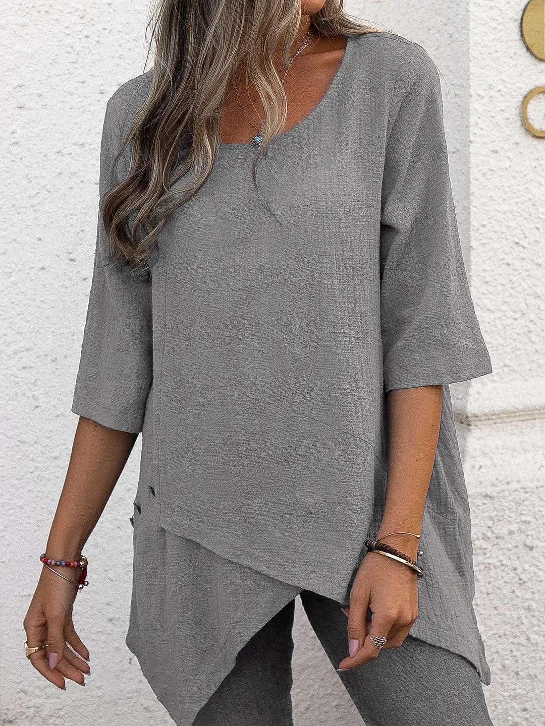 Women Half Sleeve Scoop Neck Solid Color Asymmetrical Tops