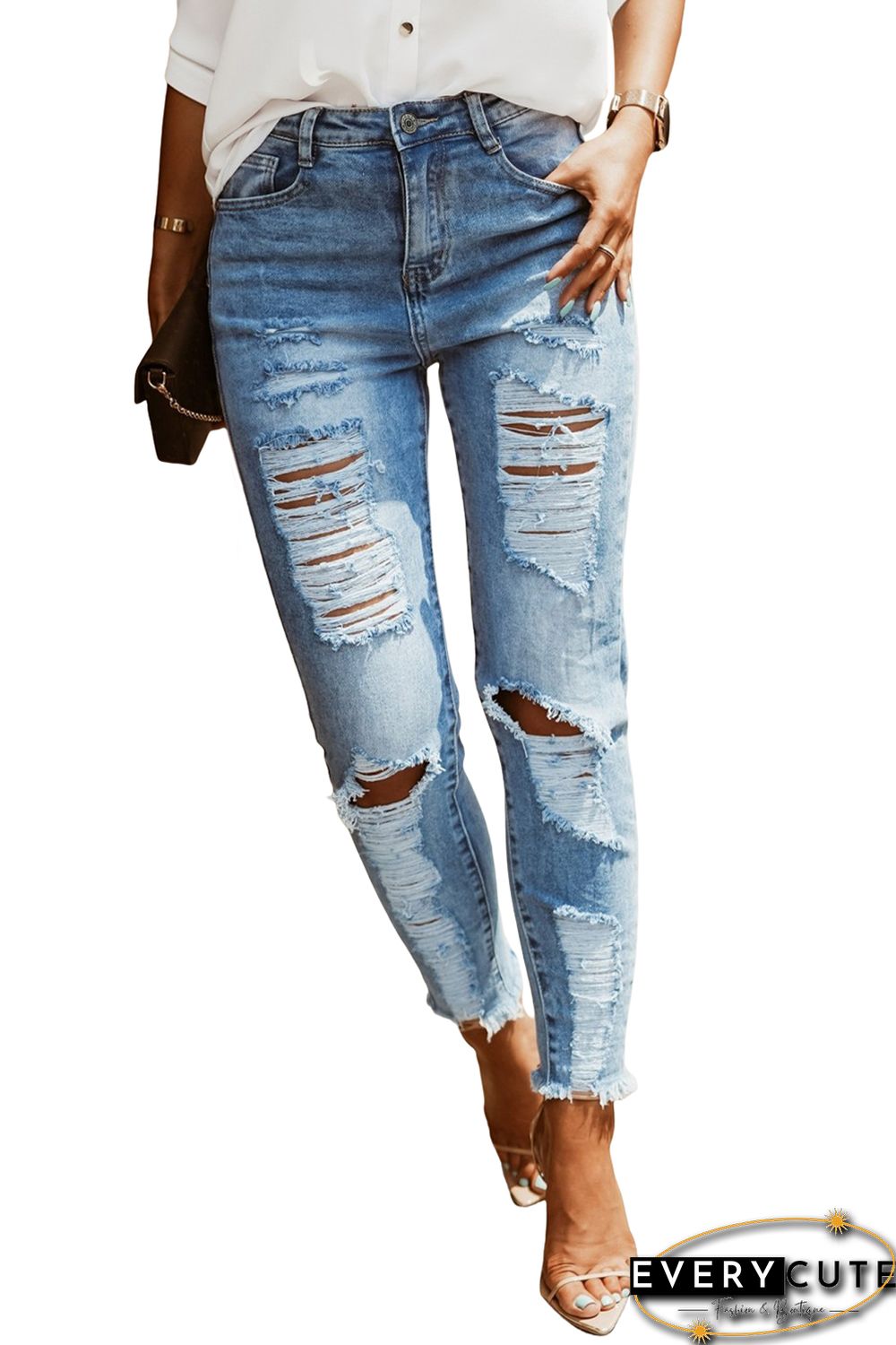 Sky Blue Distressed Straight Leg High Waist Jeans