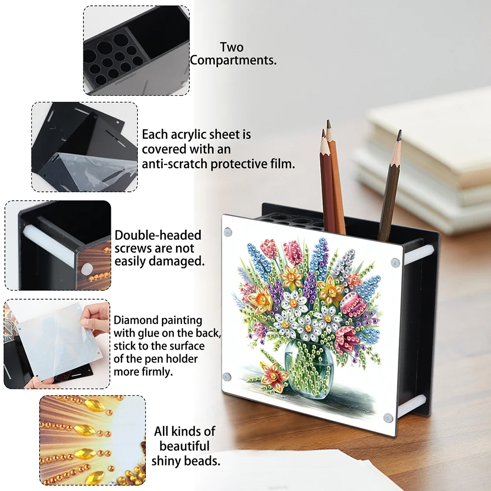 DIY Flower Special Shaped Diamond Painting Acrylic Pencil Holder Organizer