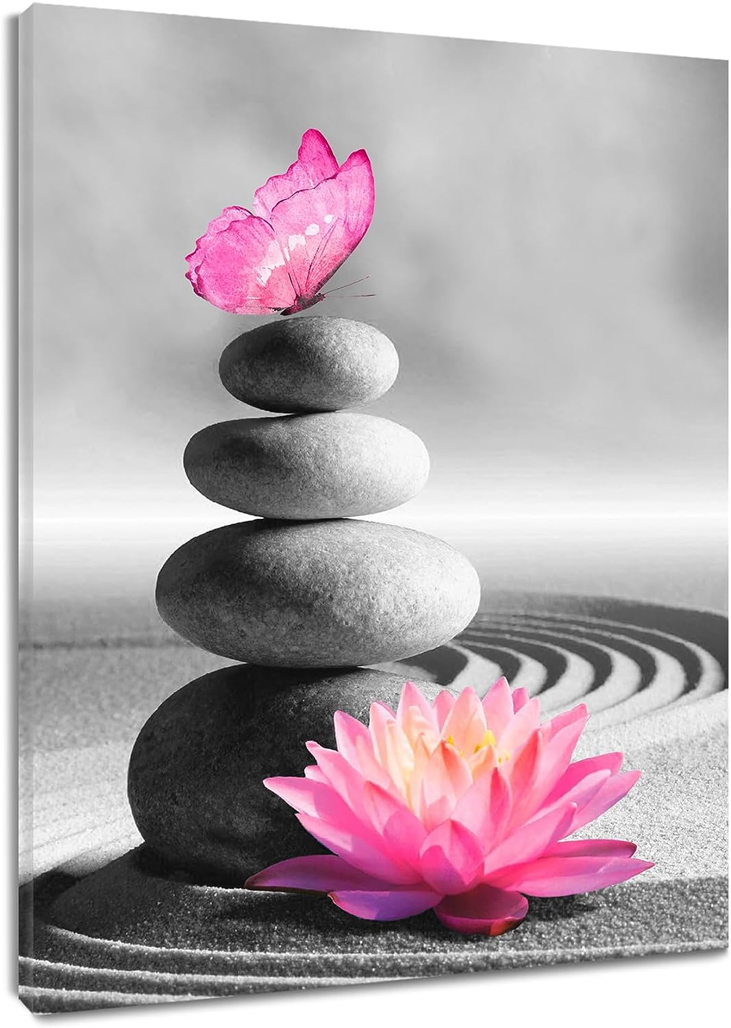 HVEST Zen Stone Wall Art for Living Room, Pink Floral and Butterfly Stone on Beach Canvas Wall Art Asian Japanese Spa Framed Wall Art for Bedroom Bathroom Wall Decor, 12X16 inch