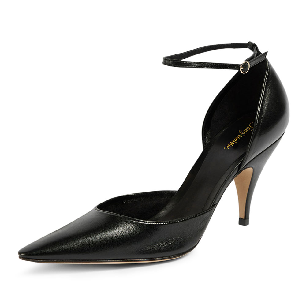 Pointed Toe Cone Heel D'Orsay Ankle Strap Black Pumps for Women Nicepairs