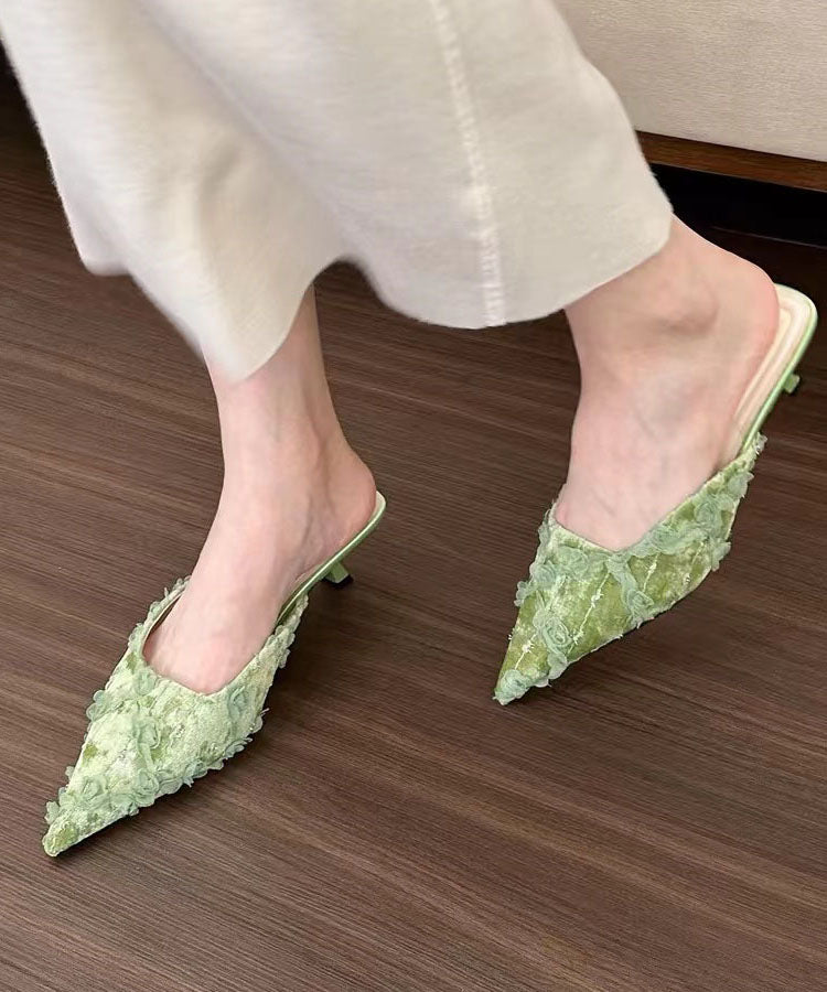 VCSHOES Floral Splicing Kitten Green Slide Sandals Pointed Toe