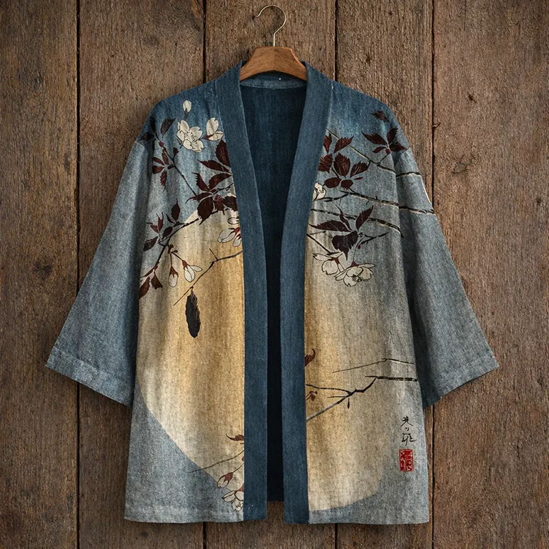 Men's Vintage Plum Blossoms With Moon Japanese Art Linen Blend Kimono Cardigan  artssus