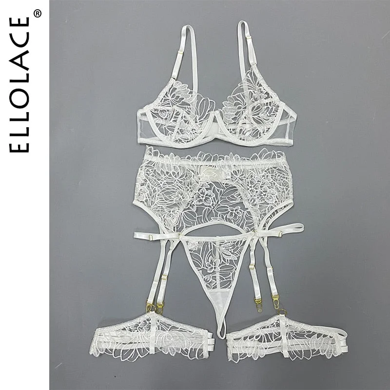 Ellolace Sexy Lingerie Floral Embroidery Erotic Underwear Brief Sets with Garters Transparent Underwire Bra Short Skin Care Kits