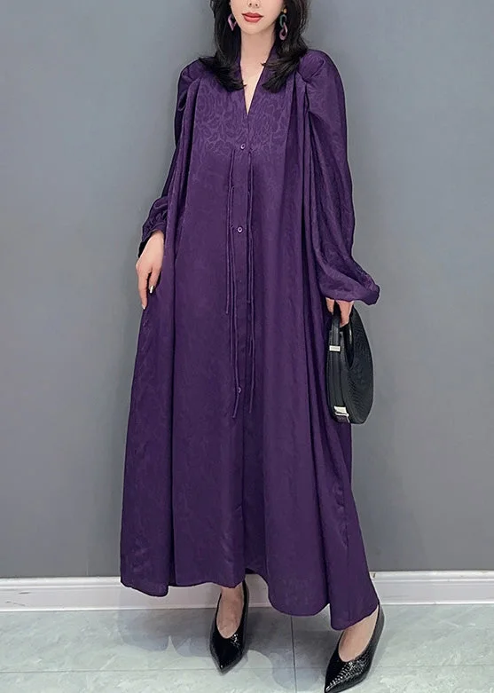 5.29Plus Size Purple V Neck Print Button Long Dresses Long Sleeve