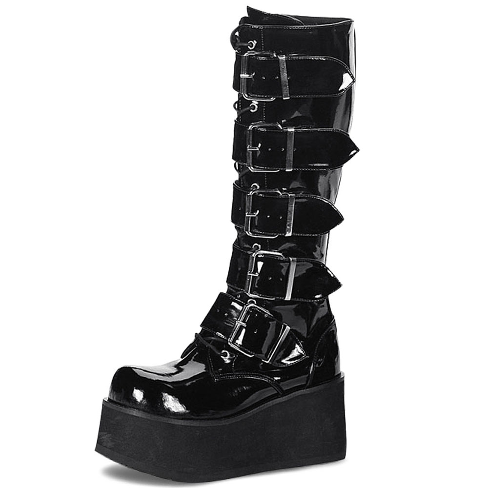 Black Patent Leather Round Toe Wedge Heel Platform Knee High Boots Nicepairs