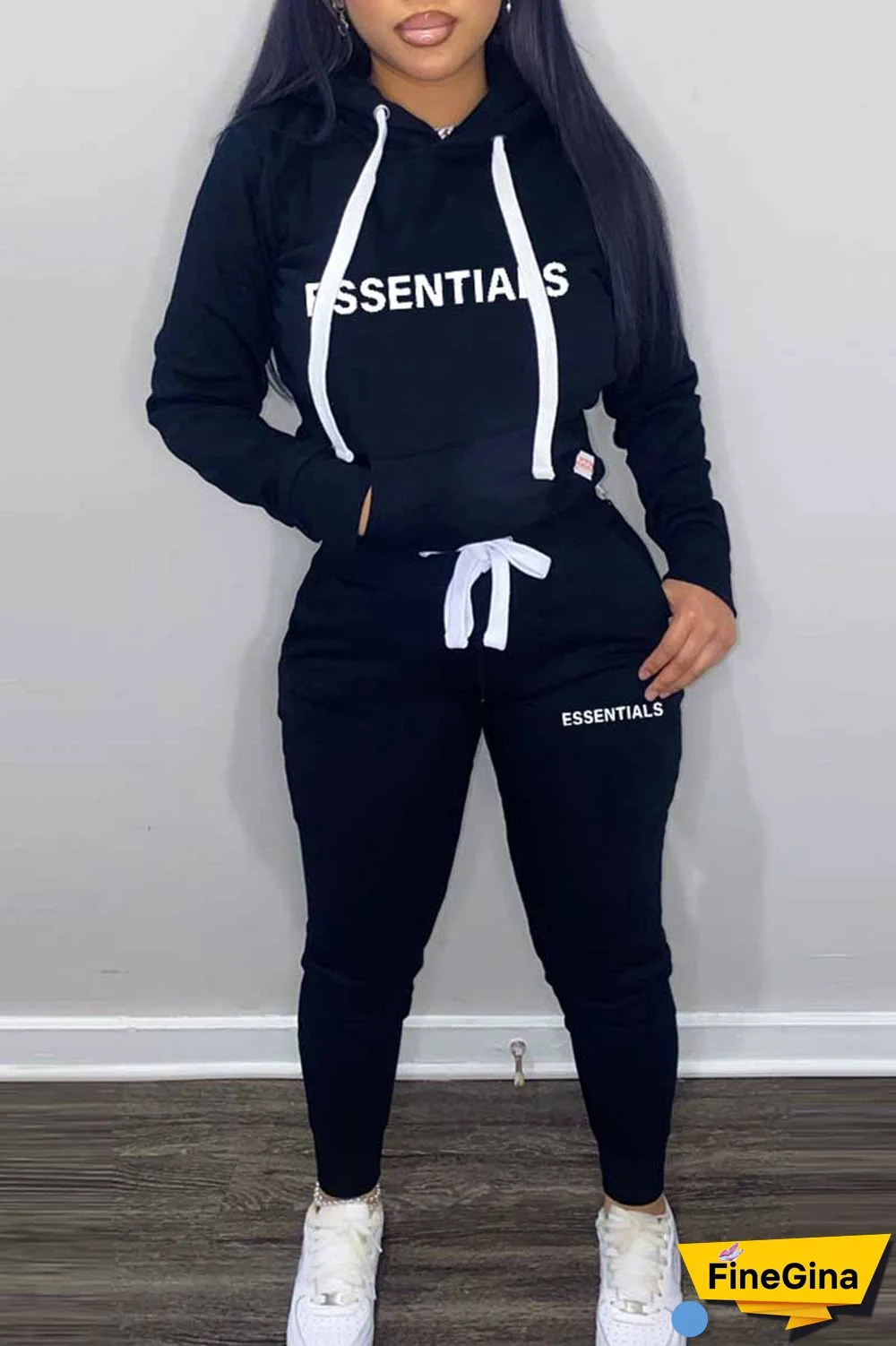 Pink Elegant Print Letter Hooded Collar Long Sleeve Two Pieces