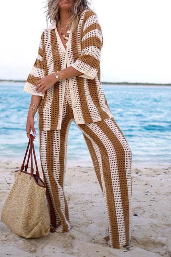 Vertical Striped Laid Back Knitted Pant Suit