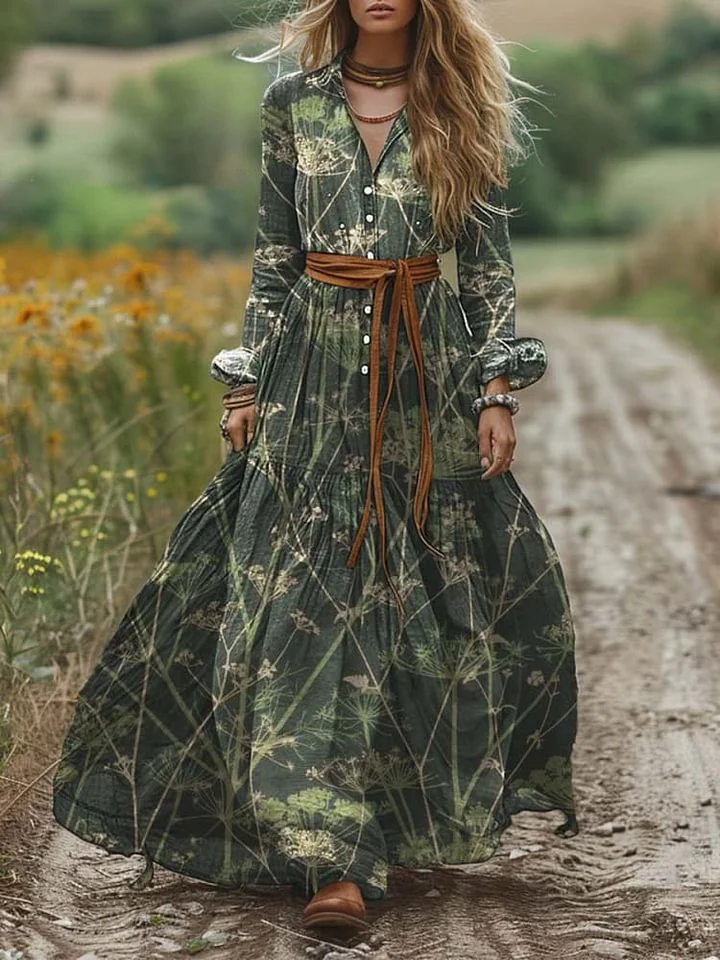 Women's Vintage Shirt Collar Long Sleeve Dress Botanical Print Pocket Linen A-Line Dress