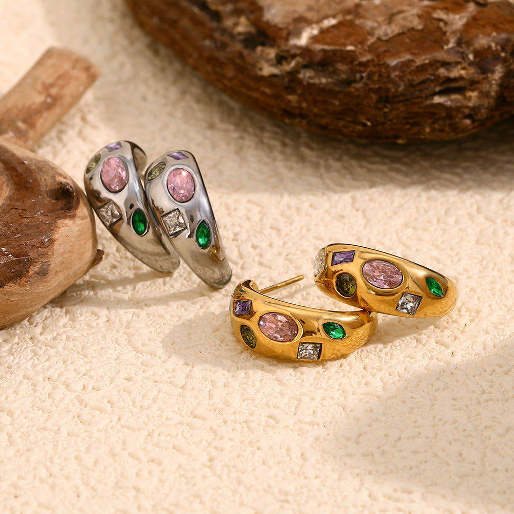 Ins Personality Micro-Inlaid Earrings Stainless Steel Plated 18K Gold Geometric Colored Zircon Moon Earrings