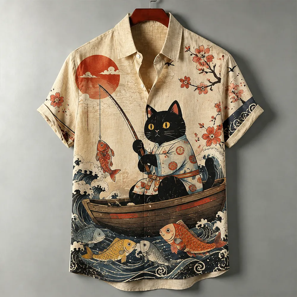 Men's Japanese Ukiyo-e Black Cat Fishing And Cherry Blossom Print Short Sleeve Shirt  artssus