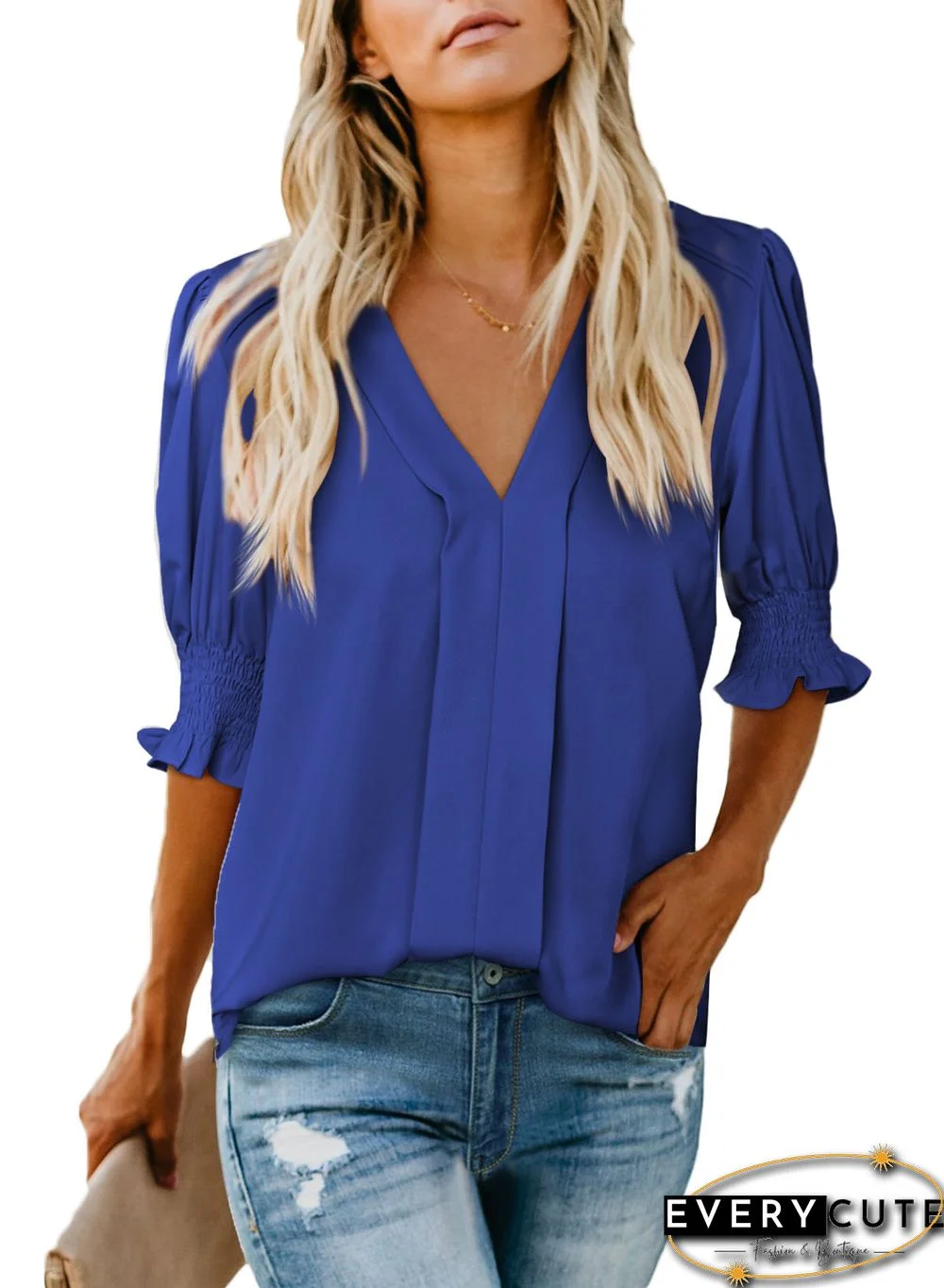 Blue Solid Color Half Sleeve V Neck Blouse