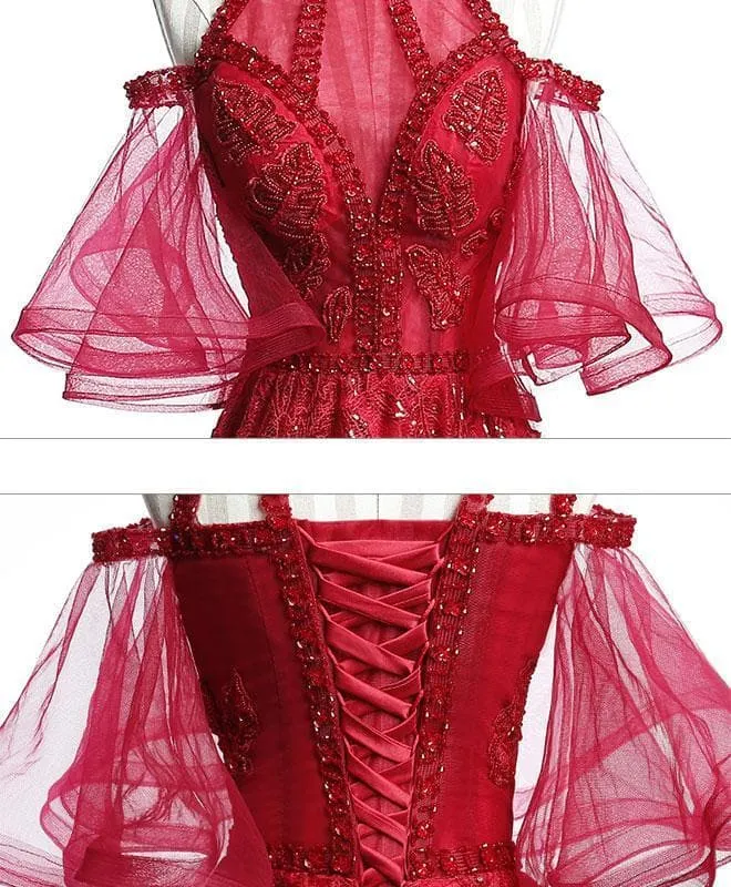 Charming Burgundy Off The Shoulder Tulle Lace Long Wedding Guest Dress Evening Gown SP1290 main image 1