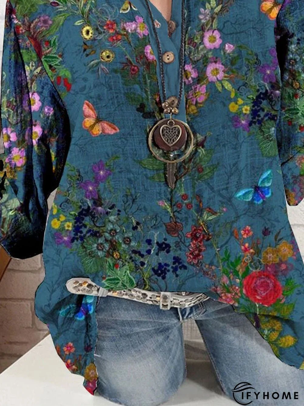 Printed Vacation Loose Stand Collar Tunic Blouse | IFYHOME