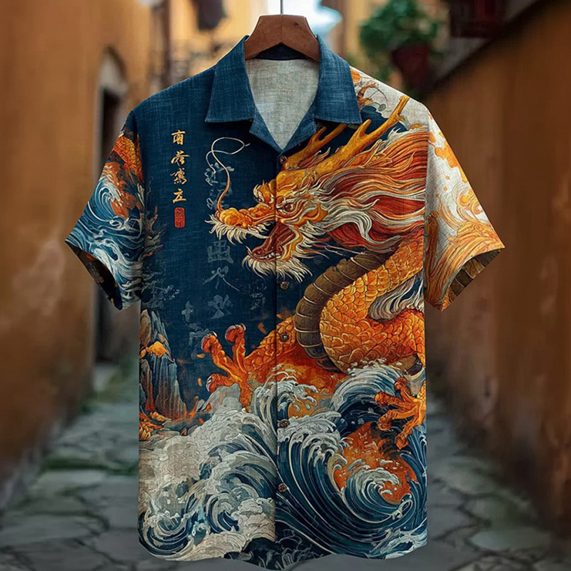 Comstylish Men's Japanese Dragon Pattern Linen Blend Casual Shirt