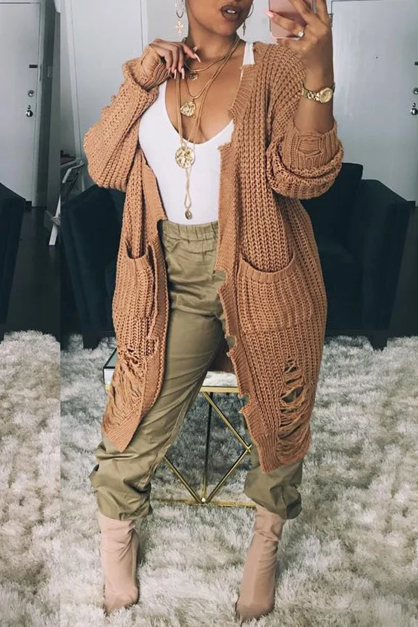 Trend Solid Color Long Sleeved Ripped Mid Length Knitted Cardigan