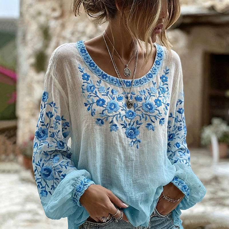Women's Bohemian Floral Gradient Crew Neck Long Sleeve T-shirt elevenforest