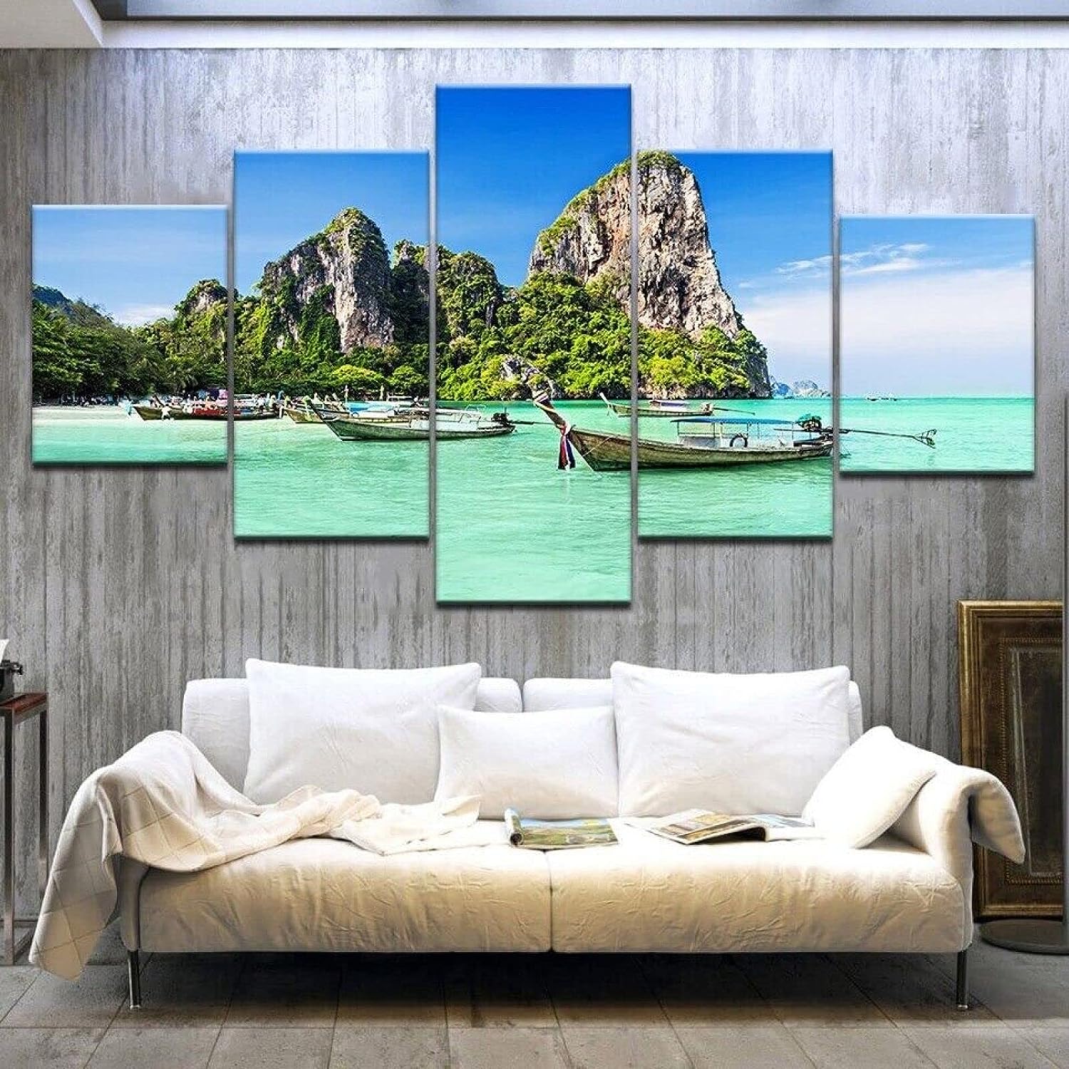 GUOGUAN Print Poster Frames Artwork Home Wall Decor Large 5 Panel Canvas Prints Artwork for Living Room Home Decor Wall 5 Piece Art South East Asia Beach Landscape 5 Pieces Canvas Framed