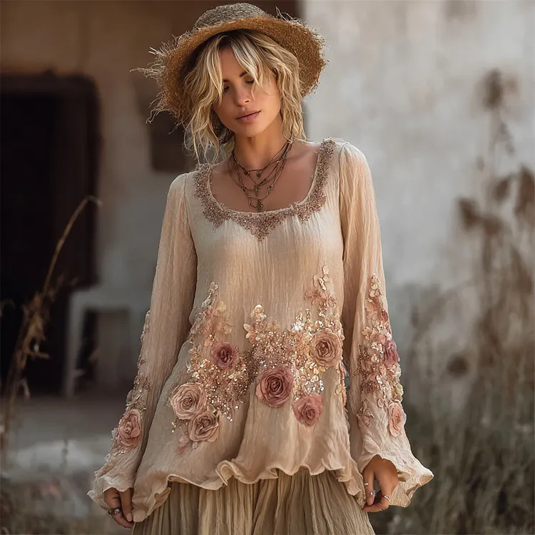 Vintage Dry Rose Boho Art Women's Linen Loose Top