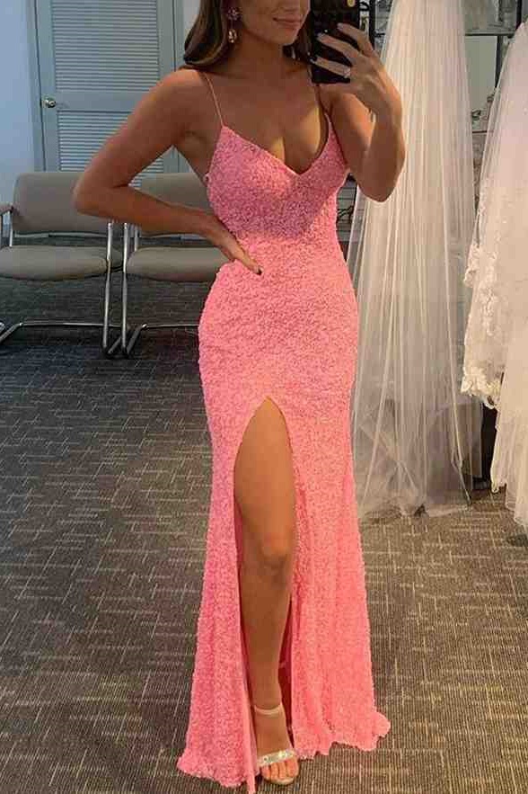 Ovlias Fabulous Pink Spaghetti Strap Slimming Split Sleeveless Prom Dress LY0453