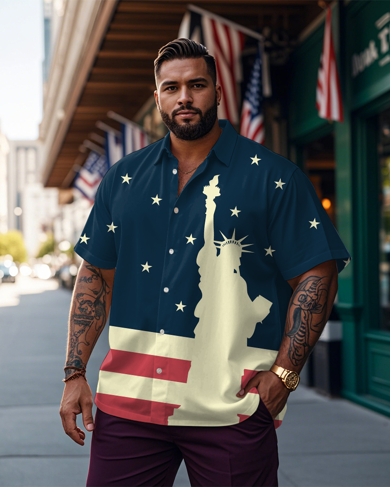 Men's Plus Size Independence Day Statue Of Liberty Striped Printed Short Sleeve Shirt