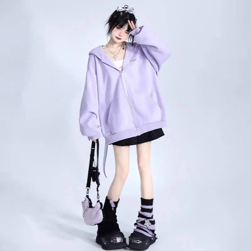 Long Bunny Ears Pocket Oversize Zipper Hooded Sweatshirt