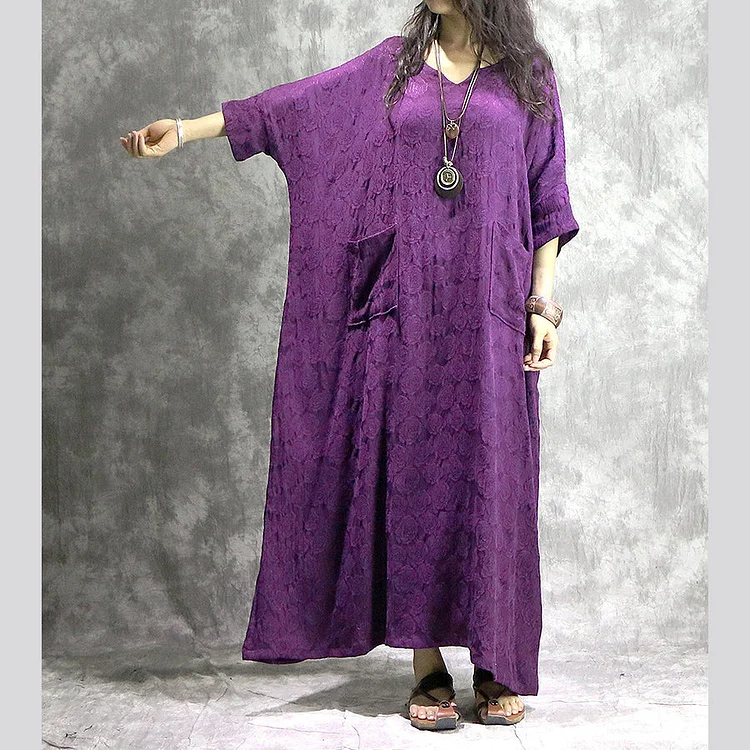 baggy purple linen dresses casual v neck baggy gown boutique pockets Jacquard autumn dress