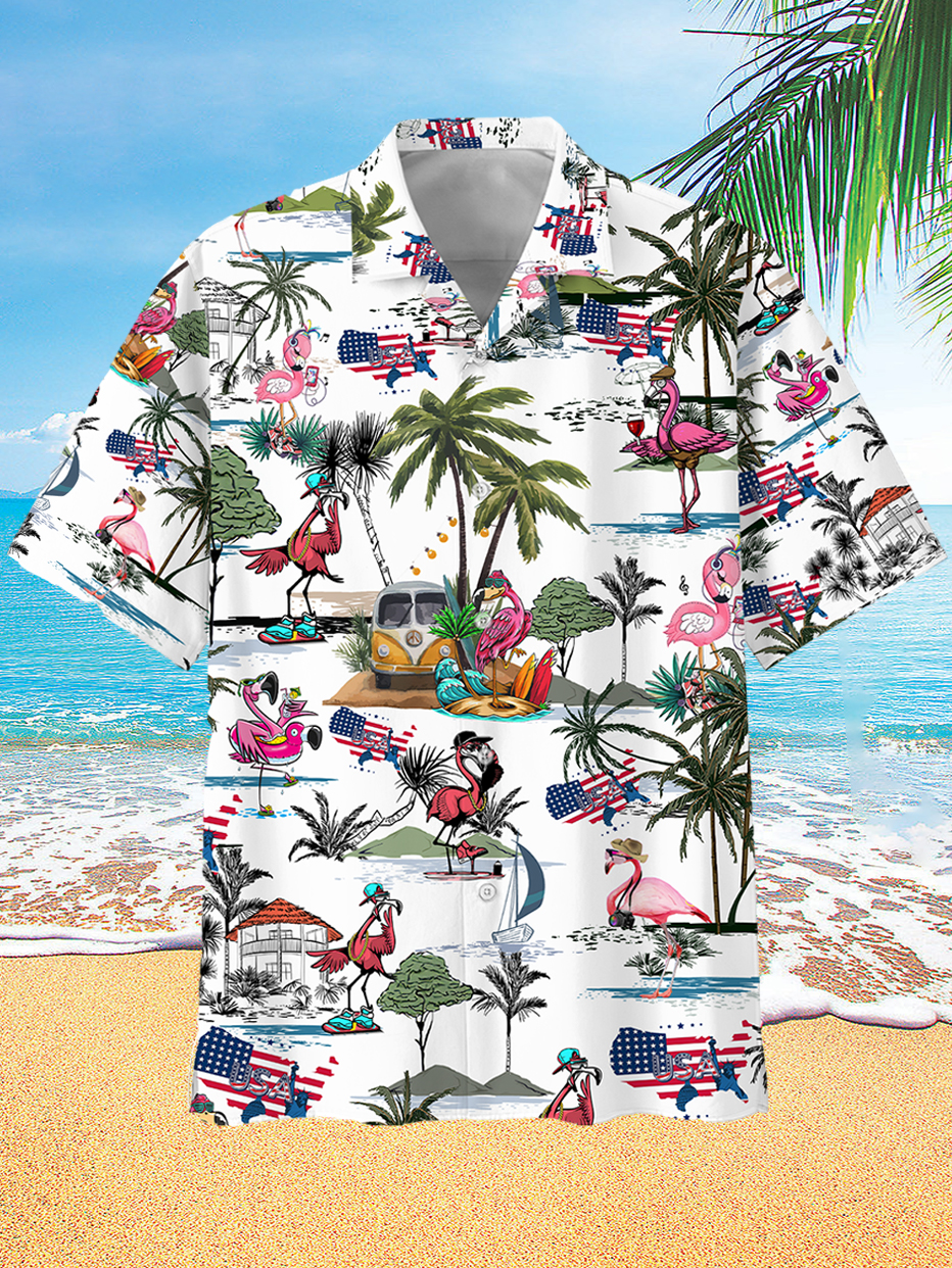 Men's Hawaiian Flamingo Party Print Short Sleeve Shirt ​ PLUSCLOTHESMAN