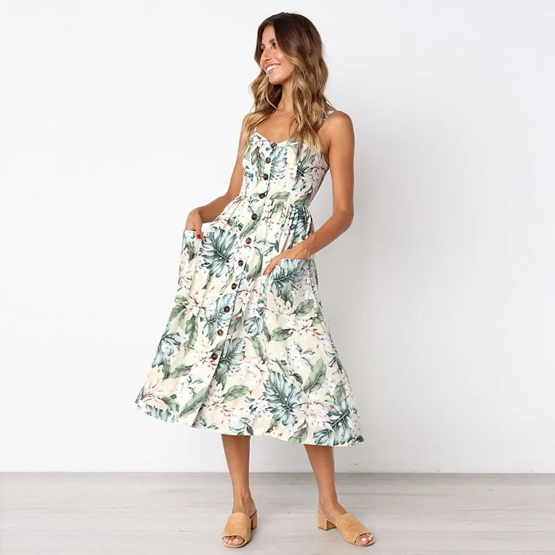 Casual Vintage Sundress Female Beach Dress Midi Button Backless Polka Dot Striped Women Dress Summer 2020Sexy Strap Floral Dress