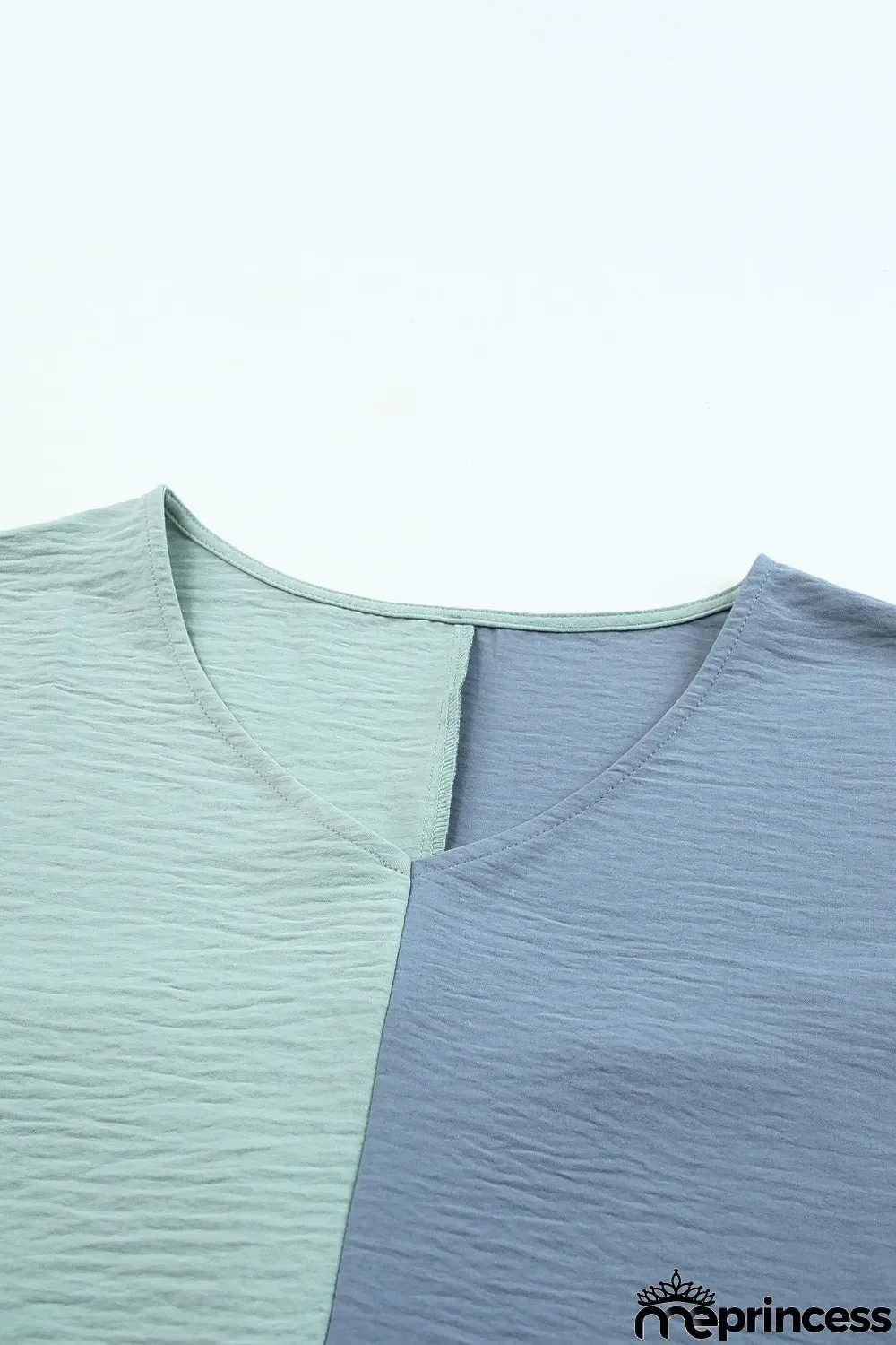 Green Color Block Shirred 3/4 Sleeve V Neck Top