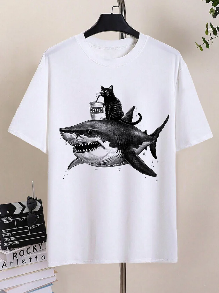 Men's Black Cat on Shark Print Short Sleeve T-Shirt