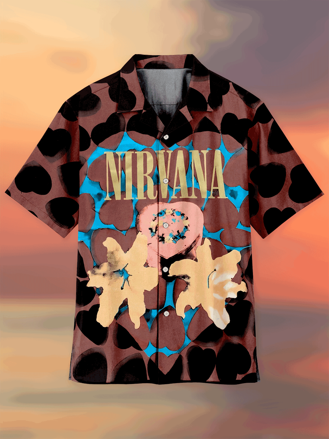 Comfortable rock band style heart print Cuban collar men's shirt PLUSCLOTHESMAN