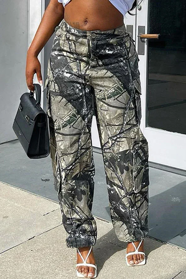  Guchioe Casual Camouflage Sexy Loose Zipper Pocket Trousers
