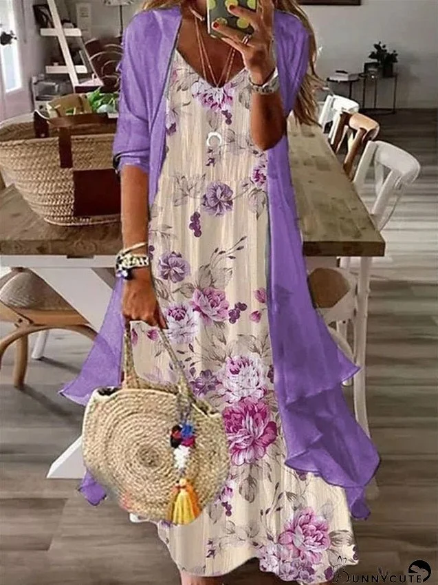 Women's Two Piece Dress Set Print Dress Daily Vacation Casual Print Maxi Dress V Neck 3/4 Length Sleeve Floral Loose Fit White Purple Green Summer Spring S M L XL XXL