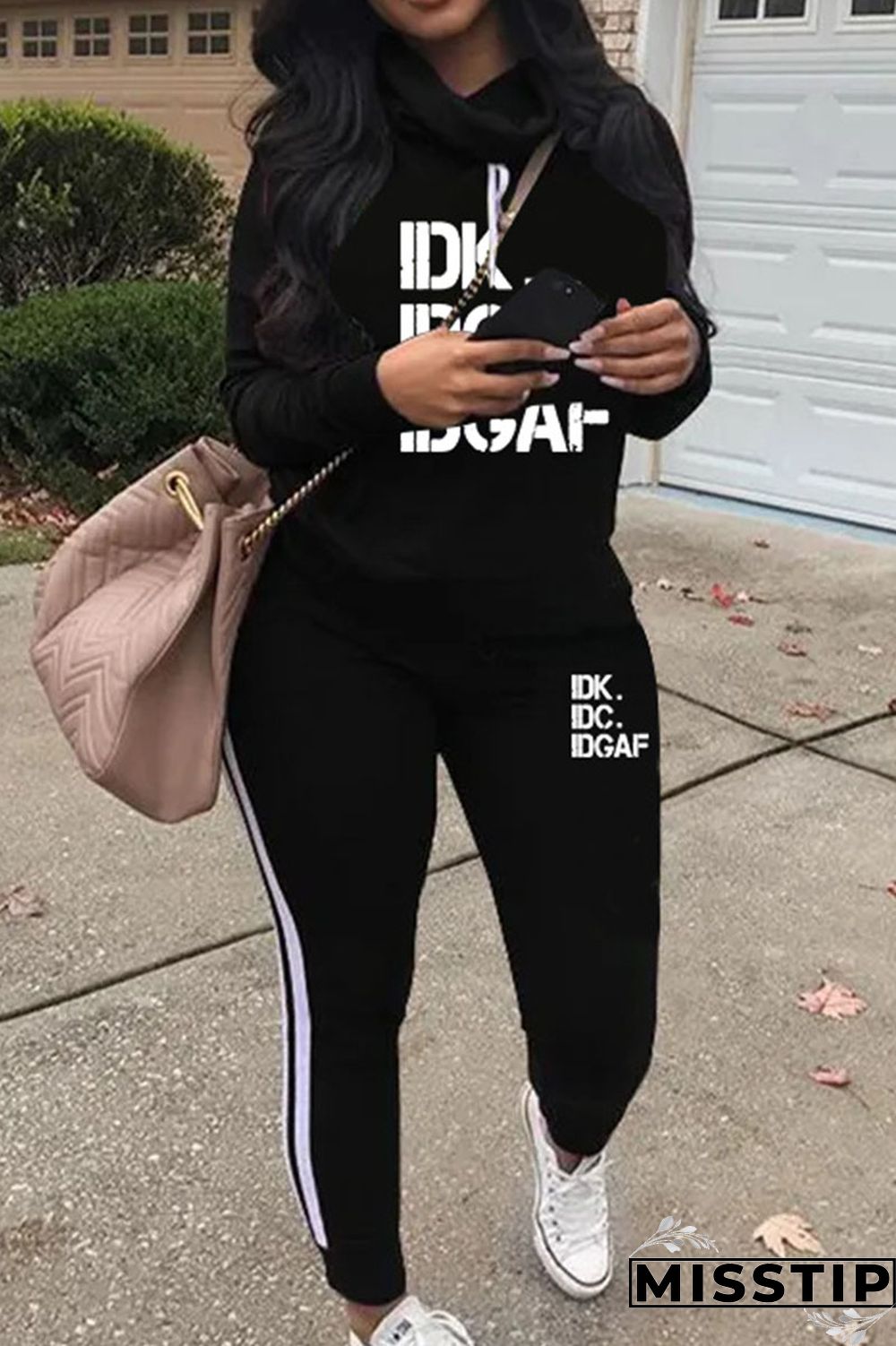 Army Green Casual Print Patchwork Turtleneck Long Sleeve Two Pieces