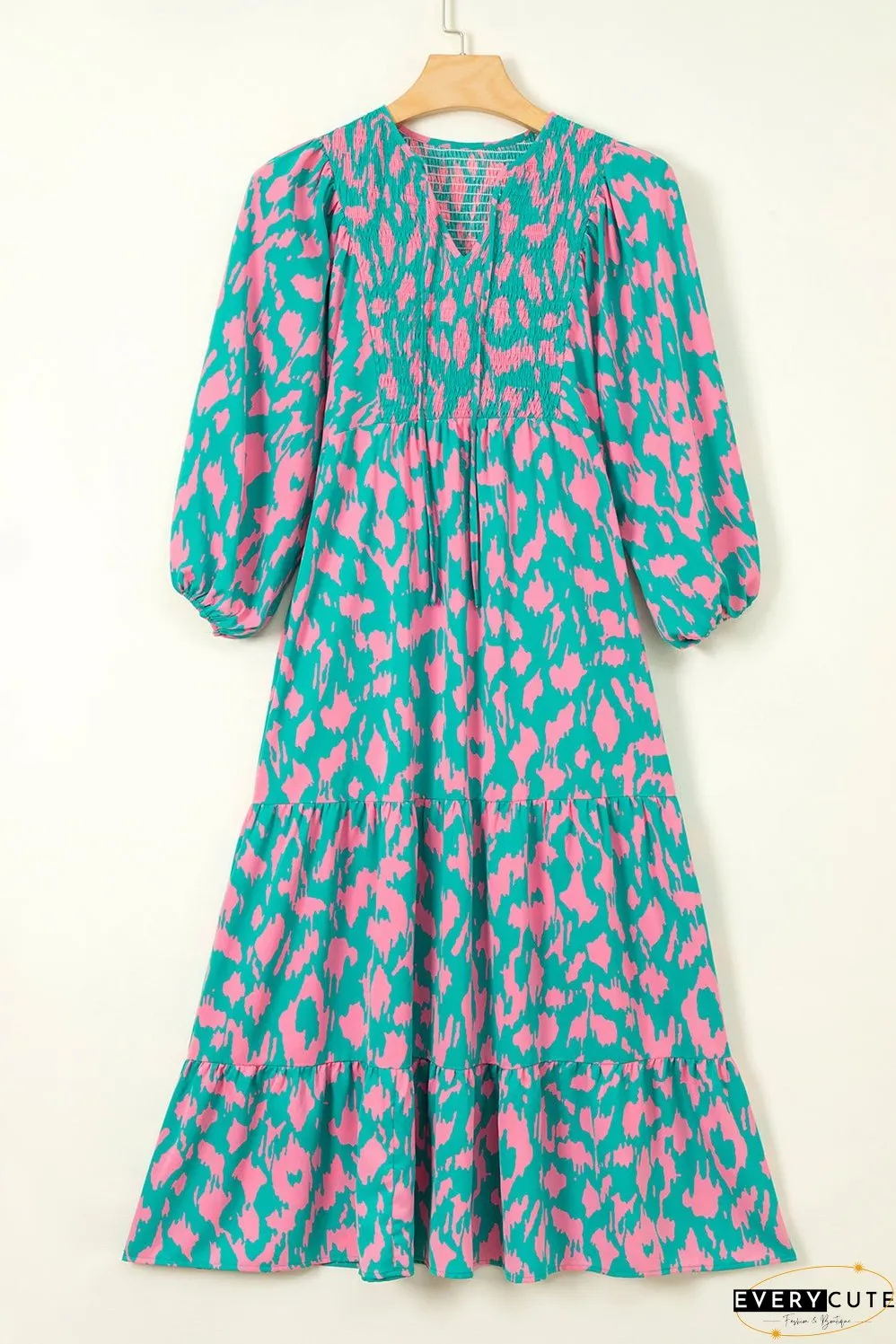 Green Abstract Print Puff Sleeve Tied Notched Neck Long Dress