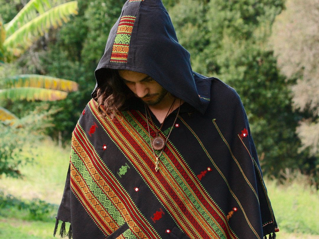 Black Poncho with Hood Kashmiri Wool, Earthy Tribal Pattern Festival Gypsy   Mens Wear Winter Warm Primitive Nomadic Mexican pockets