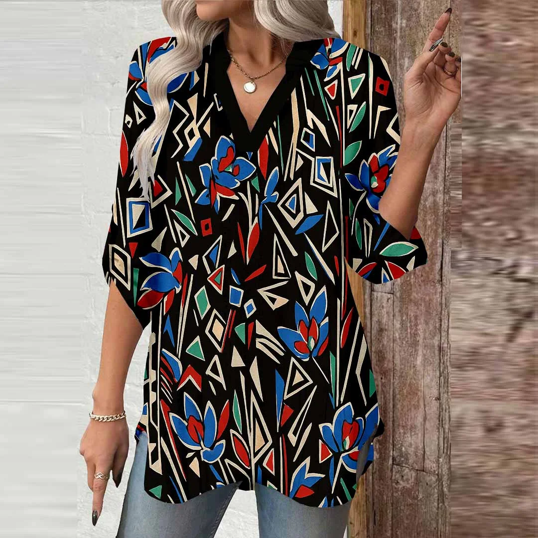 Women Splashed, Color, Black DZGA0474 3/4 Sleeve V-neck Printed Graphic Button Tops
