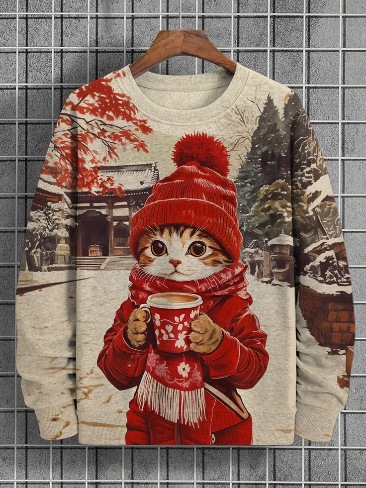 Men's Christmas Cat Holding A Cup Of Hot Coffee Art Print Casual Sweatshirt
