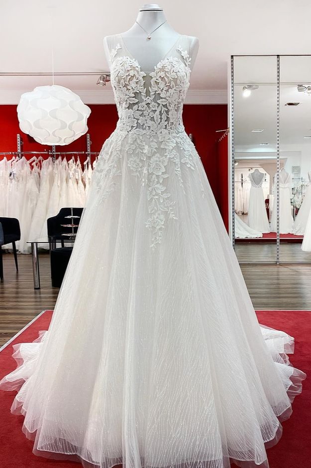 Classic Long A-line Tulle Sleevless Ruffles Jewel Wedding Dress With Lace Appliques | Ballbellas Ballbellas