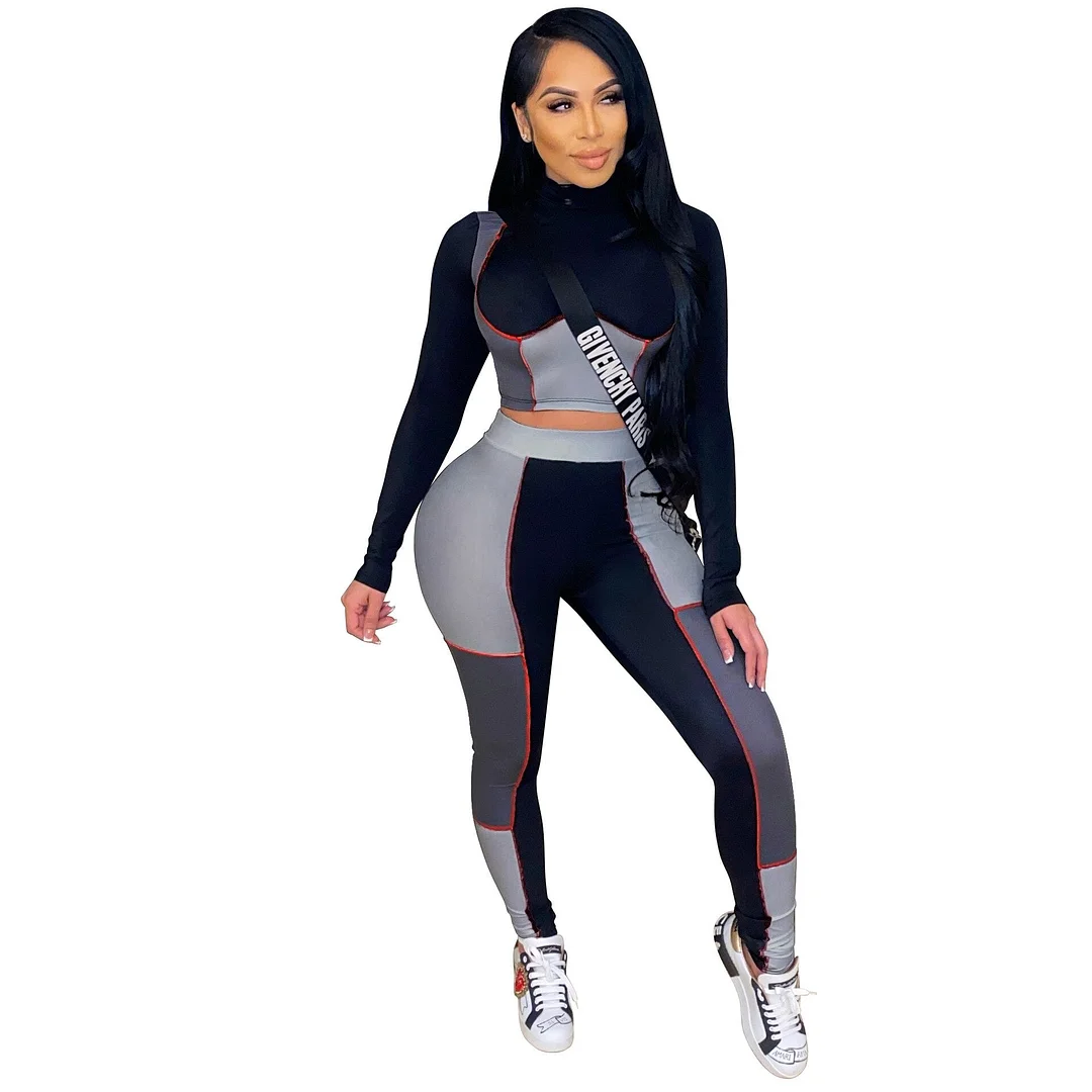 CM.YAYA Active Patchwork Sweatsuit Women's Set Long Sleeve Tee Tops Pants Suit Streetwear Tracksuit Two Piece Set Fitness Outfit