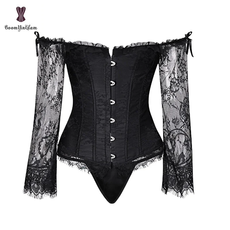 Steampunk Victorian Corset Top Off shoulder Long Floral Long Puff Sleeves Corsets And Bustiers Corsage Corselet