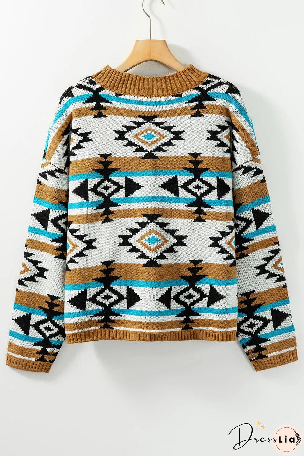 Full Size Geometric Round Neck Long Sleeve Sweater