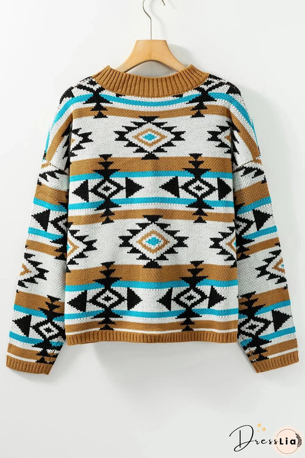 Full Size Geometric Round Neck Long Sleeve Sweater